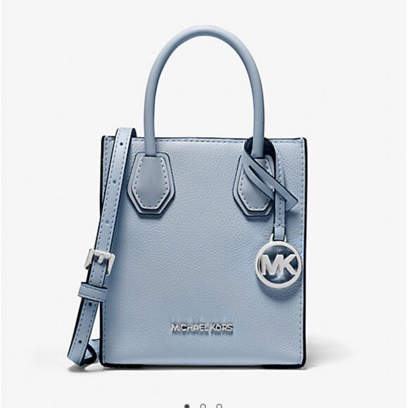 MICHAEL KORS Mercer Extra-Small Pebbled Leather Crossbody Bag Pale Blue Nwt - Picture 1 of 7